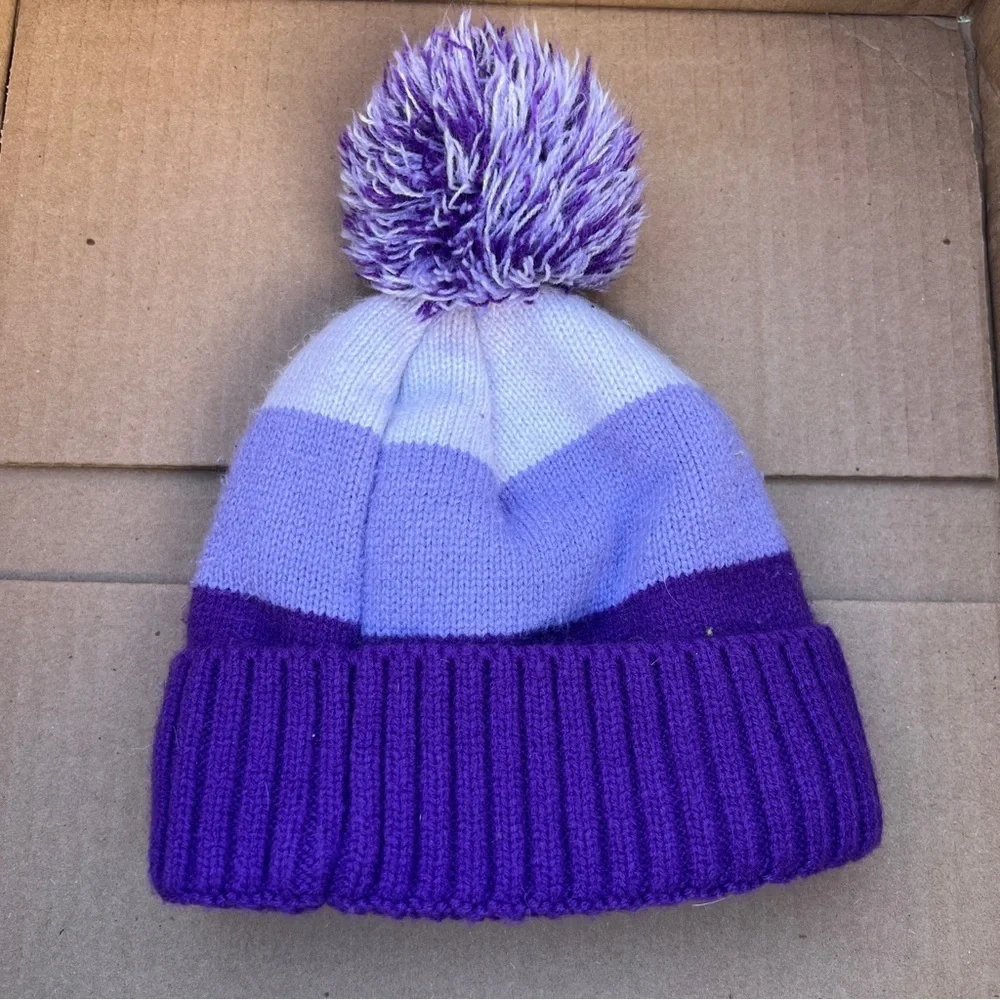 Girls Purple & White Striped Beanie